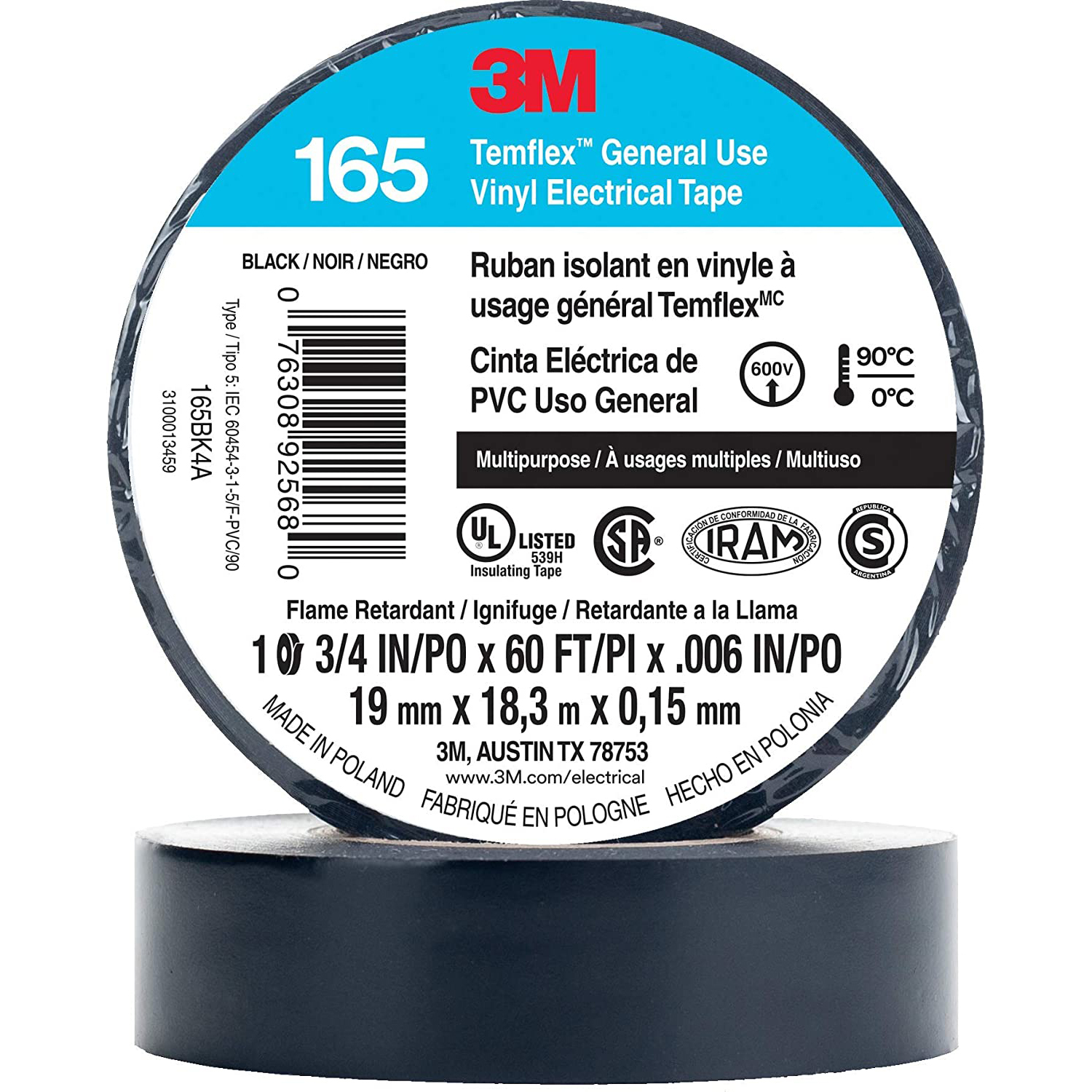 3M Temflex Solvent-Free Vinyl Electrical Tape (165)