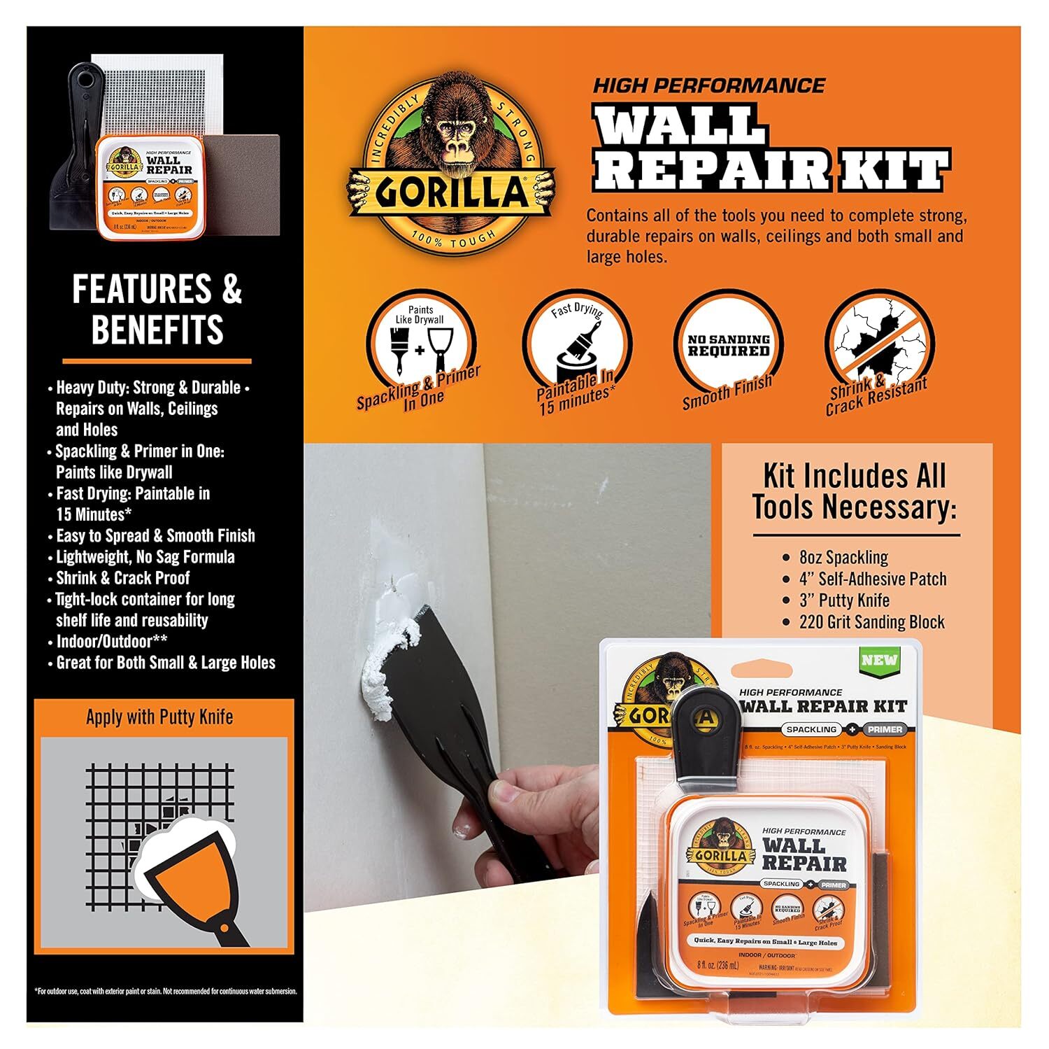 Gorilla High Performance Wall Repair Spackling + Primer Kit